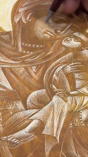 SCRATCHING TO THE LIGHT | George Kordis explores sgraffito techniques as new ways to shape form in his icons… by digging lines he reveals the light and makes a new approach to the icon with the Byzantine system. What is Sgraffito? Sgrafitto is a decorative technique where a design is carved or scratched through a layer of applied color — here several delicate layers of egg tempera paint were applied first. The scratching then reveals the original material underneath which in this case is the ges