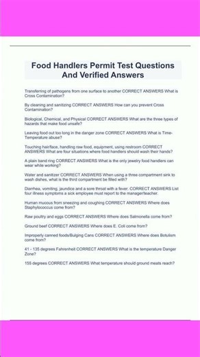 Food Handlers Permit Test Questions And Verified Answers