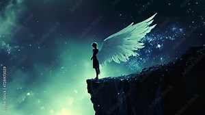 A gothic angel stands on the edge of a cliff their wings spreading wide as they prepare to take flight into the obsidian night sky.