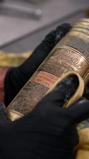 The little things you wouldn’t expect that are part of maintaining our collection: cleaning the corrosion off the 1920s brass fire extinguisher that sits in our Miller Golden Submarine | The Brumos Collection