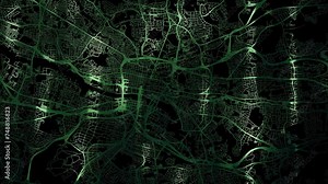 Zoom in road map of Glasgow United Kingdom with green glowing roads on a black background. Stock Video