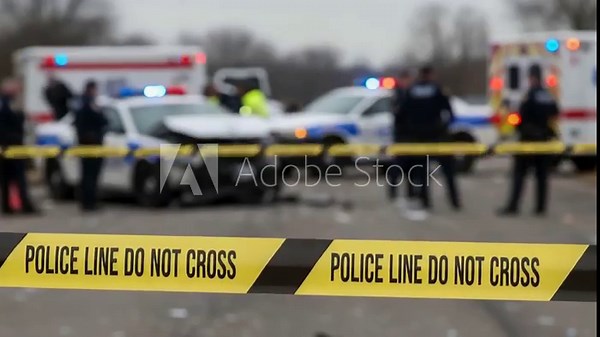 A crime scene from behind a vibrating "POLICE LINE DO NOT CROSS" tape. The blurred background reveals police cars with flashing lights and first responders at the scene of a car accident.