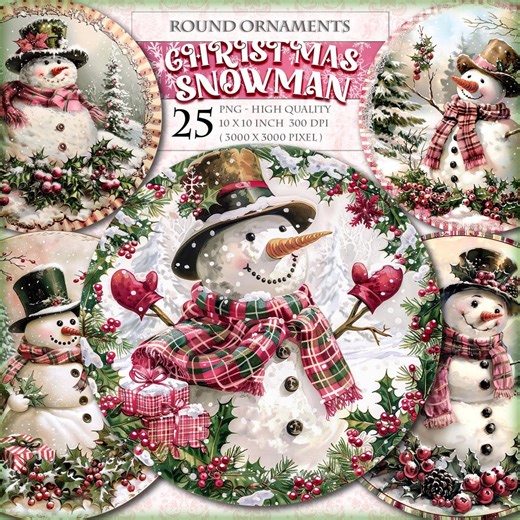 Christmas Snowman Round Ornaments, Watercolor Clipart Bundle 25 HQ Printable PNG Image Junk Journal Scrapbook Decoupage Instant Download - Etsy