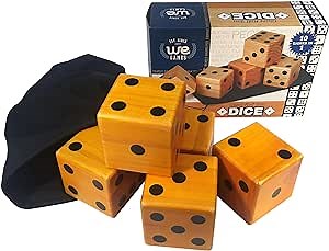 WE Games Giant Roll 'em Dice – 5 Wooden Lawn Dice for Outdoor Games, Yard Fun, and More - Durable 3 x 3 in. Large Dice Set with Black Drawstring Bag and Game Instructions