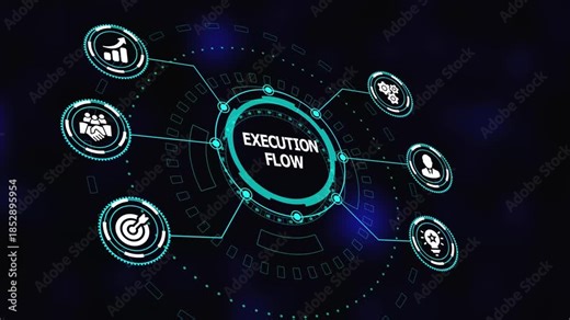 Execution flow visualization powered by intelligent systems, connected process icons, real time coordination and performance driven digital framework.