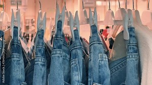 Close-Up Through Retail Display Window, Light Blue Denim Jeans Hanging on Hangers on Clothing Rack