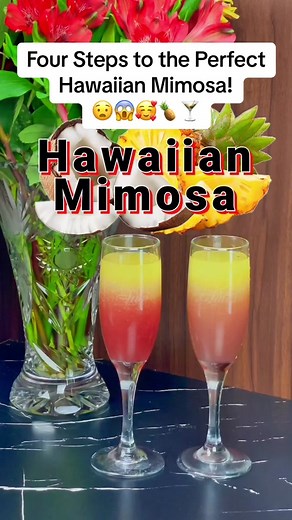 How to Create the Perfect Hawaiian Mimosa in Four (4) Easy Steps! In this video I will show you how to make the perfect Hawaiian Mimosa in only four really simple steps! If you want a delicious take on the classic mimosa cocktail recipe then watch until the end of this video! The Hawaiian Mimosa is not only easy to make, it is easy to drink! Making it the perfect brunch cocktail. Hawaiian Mimosa Cocktail Recipe 2.5 oz prosecco, champagne or sparkling wine 1 oz Malibu rum 1 ½ oz pineapple juice ½