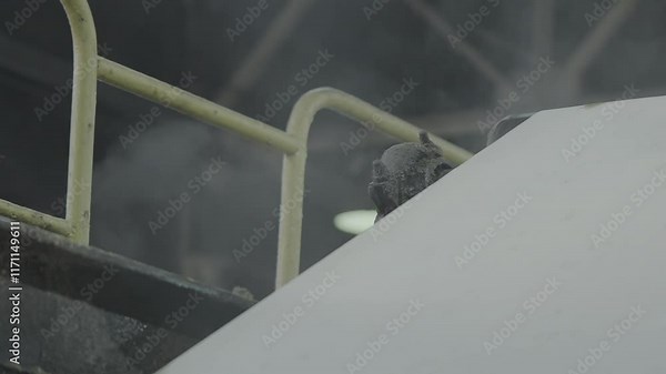 Stage of drying paper with release of steam in factory workshop. Conveyor finally remove moisture creating necessary conditions for web