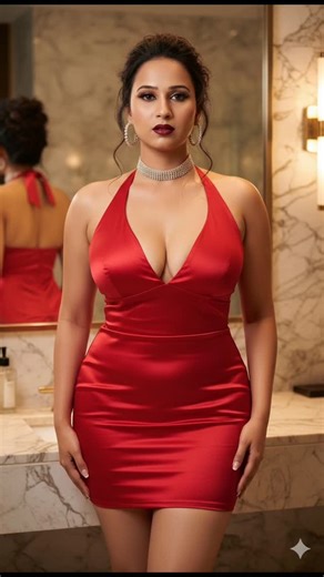 Video Prompt on Instagram: "Exact face match to reference image, same face, identical facial features, photorealistic curvy thick woman in tight red satin halter mini dress, deep cleavage, voluptuous body, big breasts, wide hips, standing seductively in luxurious bathroom, diamond choker, big hoop earrings, messy updo, glossy lips, dramatic makeup, marble walls and mirror background, cinematic soft lighting, highly detailed, realistic skin, 8k --cref [reference image] --cw 100"