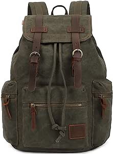 Canvas Vintage Backpack PU Leather Casual Bookbag Men Women Laptop Travel Rucksack Green