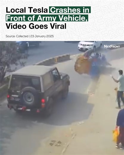 NexFront on Instagram: "A video showing a battery-run auto-rickshaw, locally known as a Tesla, crashing on a road has gone viral on social media. The incident occurred directly in front of an army vehicle, drawing widespread online attention. No immediate details on injuries or damage were available, while the footage sparked concern and discussion among viewers. Source: Facebook"