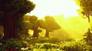 cartoon Sunbeams streaming through the trees