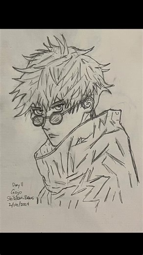 Day 11 and 12 of Drawing - Gojo Sketch I tried following a tutorial on YouTube and it turned out better than I thought it would. The eyes and hair are the hardest parts to draw 🥲 I just redid the eyes, hair and clothing and looks a lot better. The perspective of Gojo head facing in one direction while his eyes were turned towards you was difficult to draw. Tags: #beginnerartist #artist #art #sketch #drawingsketch #drawing #gojo #jujutsukaisen #whereourblueis #tatsuyakitani #shikikandraws #happy
