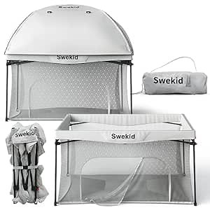Swekid Portable Indoor & Outdoor Baby Playpen - Lightweight, Pop up Pack and Play Toddler Play Yard w/UV Protective Canopy, Comfy Padded Floor and Travel Bag - Grey, 44 X 44 Inch