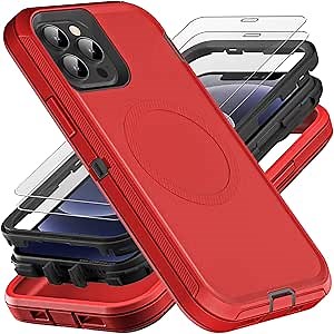 for iPhone 12/12 Pro Case, Compatible with Magsafe, Military Grade 3 in 1 Heavy Duty Shockproof/Drop Proof/Dust Proof with 2Pcs Tempered Glass Screen Protector (New-Red/Black)