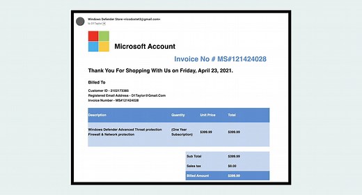 Unexpected Email Invoice for Windows Defender Subscription? It’s a Scam.
