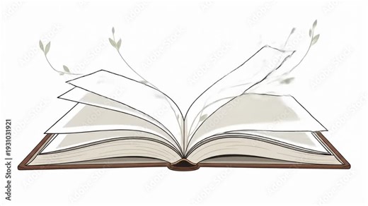 Illustration of open book with blank pages and sketched plants against white background