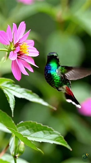 A vibrant hummingbird displays its iridescent green feathers and striking red tail while hovering gracefully by a pink flower. This stunning moment captures the delicate balance and high-energy beauty of nature in full bloom. #hummingbird #naturephotography #wildlife #birdwatching #gardenmagic