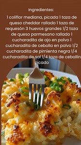 🥦 Coliflor al Horno con Queso y Proteína 🧀 – Bajo en Carbohidratos, Reconfortante y Aprobado por Toda la Familia 📝 Ingredientes (6 porciones aprox.): 1 coliflor mediana, picada 1 taza de queso cheddar rallado 1 taza de requesón 3 huevos grandes ½ taza de queso parmesano rallado 1 cucharadita de ajo en polvo 1 cucharadita de cebolla en polvo ½ cucharadita de pimienta negra ¼ cucharadita de sal ¼ taza de cebollín picado 💪 Información nutricional (por porción): ~210 kcal | 18 g proteína | 12 g 