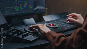 Female editor uses digital color correction control surfaces in studio. Colorist makes video or photo color grading on computer. Software interface with RGB graphics and color wheels on PC monitor.