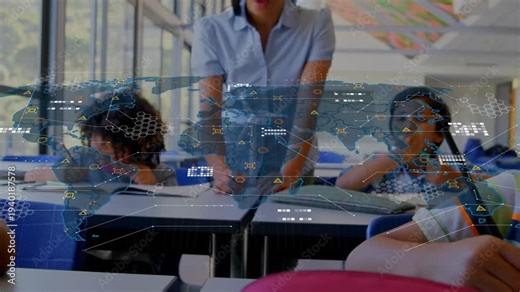 Front boy writing in class, map overlay fading in causing teacher leaning and guiding lesson