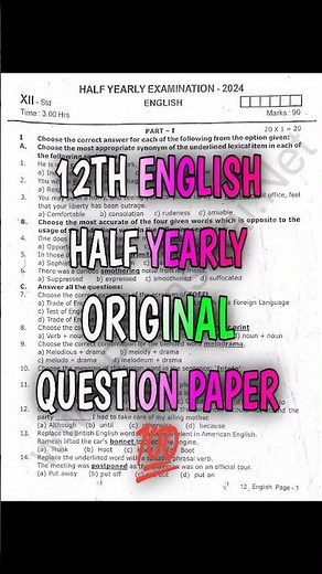 📘 12th English Half-Yearly ORIGINAL Question Paper 2025 | Tamil Nadu
