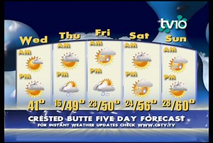 Sun Wednesday but then more of the mix. TV10's Extended Crested Butte and Gunnison Valley Weather Outlook airs between 7:30 and 10:30am and can always be found with current weather information and daily updates at http://www.cbtv.tv. #crestedbuttemountainresort #gunnisoncrestedbutte #crestedbuttecolorado #gunnisoncolorado | Crested Butte Television