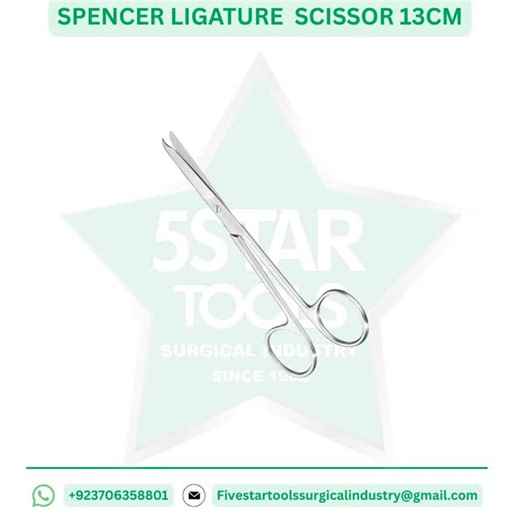 FIVE STAR TOOLS SURGICAL INDUSTRY on Instagram: "Spencer Ligature Scissors 🔹 Our Spencer Ligature Scissors are designed for precise cutting of sutures and ligatures during surgical procedures. The fine, curved blades with pointed tips provide clean, accurate cuts without disturbing surrounding tissue. ✨ Features: • Sharp, fine tips for precise suture cutting • Curved blade design for better access • Smooth, controlled cutting action • High-quality stainless steel • Autoclavable & corrosion-resi