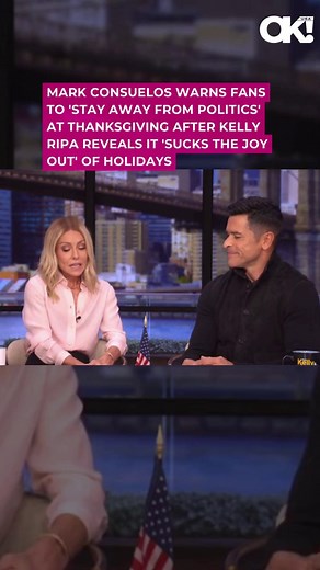 80K views · 650 reactions | Mark Consuelos and Kelly Ripa are setting clear boundaries this Thanksgiving — no political debates allowed! The Live cohosts revealed that bringing up politics “sucks the joy out” of the holiday festivities. Link below for details. (: LIVE WITH KELLY AND MARK) https://okmagazine.com/p/mark-consuelos-warn-stay-away-politics-thanksgiving-kelly-ripa-holiday/ | OK! Magazine | Facebook