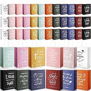 Mooliwe 60 Pcs Religious Bible Verse Bags Bulk Church Welcome Christian Paper Gift Bags with Handles for Guests Gifts Souvenirs Baptism Sunday School Church Birthday Party Favors Supplies