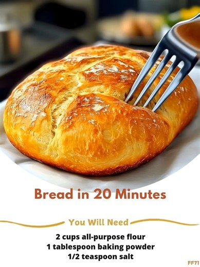 Bread 🌍 in 20 Minutes Ingredients: - 2 cups all-purpose flour - 1 tablespoon baking powder - 1/2 teaspoon salt - 1/4 cup unsalted butter, melted - 3/4 cup milk (or water) - 1 tablespoon sugar (optional, for a slight sweetness) - 1 teaspoon garlic powder or herbs (optional for flavor) 🚜 | Love With Recipes