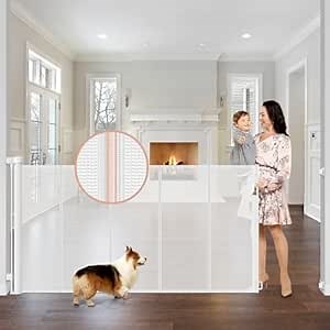 Reinforced 42" Extra Tall x 75" Wide Retractable Gate with Support Rods - Prevent Crawling Under Extra Tall Baby Gate Retractable Dog Gate Indoor Long Dog Gate Outdoor Retractable Pet Gate, White