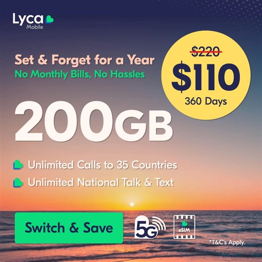 🌟 Switch & Save with Lyca Mobile's Long-term Plans! 🌟 📱 200GB over 360 days for just $110! 🌍 Unlimited calls to 35 countries 📈 Set It and Forget It - One Easy Payment, One Year Validity! 🚀 5G Enabled, eSIM Ready Don’t miss out! Grab this deal now! 🎉 T&Cs apply. | Lycamobile Australia