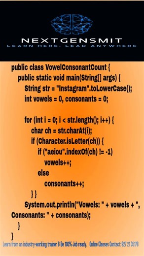 Counting Vowels and Consonants from String. #programming #java #coding #codinginterview #strings