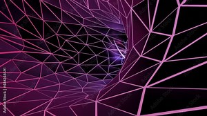 Neon multi coloured edged polygons moving and turning on a black background. Design. Flying backwards inside plexus tunnel.