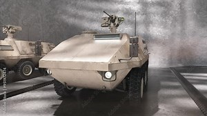3d model of an armored military vehicle in a close-up view inside an industrial hangar