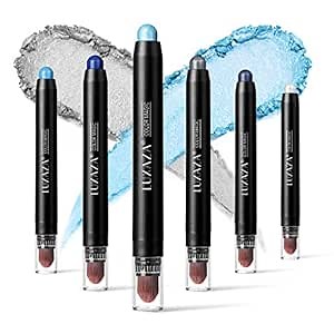 6 PCS Blue Matte Metallic Eyeshadow Stick Set, Cream Eye Shadow Pencil Crayon Brightener Highlighter Makeup Stick Kit, Hypoallergenic Waterproof Shimmer Eyeliner Make Up