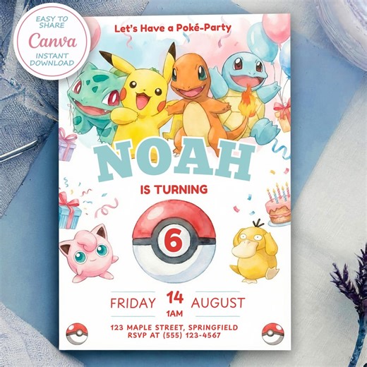 Editable Pokemon Birthday Invitation, Printable Kids Party Invite, Digital Birthday Party Template, Instant Download, Canva Editable - Etsy