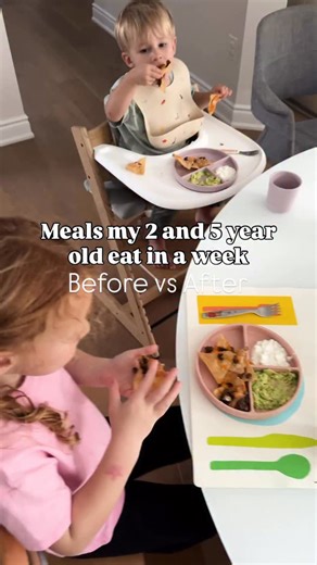 Meals my 2 and 5 year old eat in week (before vs after) 🍳🥑🥦🫛🍣🧀🫘🥝🍕🍽️ ✅SAVE for inspo! ☑️MONDAY Eggs, breakfast sausage, kiwi and raspberries. ☑️TUESDAY Bratwurst sausage, veggie fries, peas and corn. ☑️WEDNESDAY Salmon bowls, rice, frozen mango, edamame and corn, avocado and toasted seaweed with homemade “yum yum sauce”. ☑️THURSDAY Sourdough pizza, ribs, Caesar salad and blackberries. ☑️FRIDAY Nachos and the beef and black beans, cashew queso, guacamole and cottage cheese. Need help wit