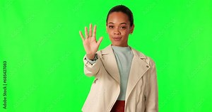 Hand, stop and sign with woman on green screen, caution and warning with danger and mockup space. Female person, no entry and censored with rejection, body language and protest on studio background