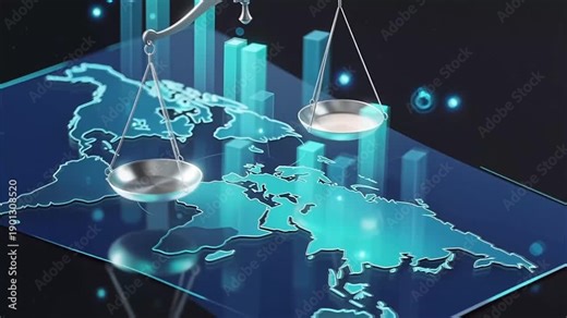 Global Business Balance Scale with 3D World Map and Bar Graphs