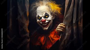 A nightmare ugly clown with sharp teeth and wild eyes, lurking in a dimly lit, abandoned circus tent