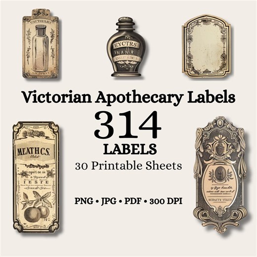 Victorian Apothecary Labels Bundle, Antique Pharmacy Ephemera, Junk Journal Printable, 314 Labels