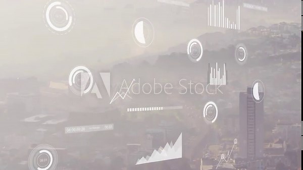 Data feed arriving data overlay appearing pulsing, drawing charts to visualize city data over haze