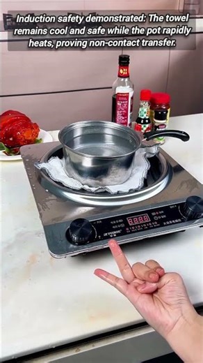 Induction stove safety test using a fabric towel barrier.
