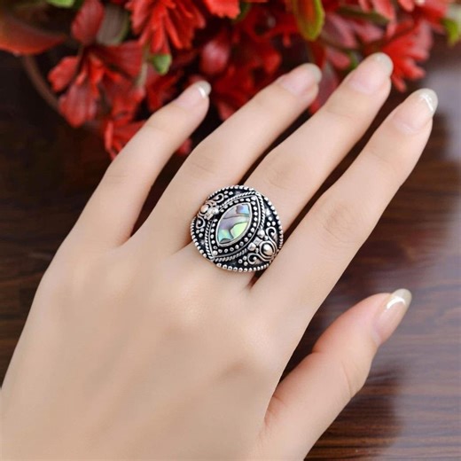 Handmade Abalone Shell Poison Ring - 925 Sterling Silver Boho Locket Ring - Vintage Secret Compartment Statement Jewelry for Women - Etsy