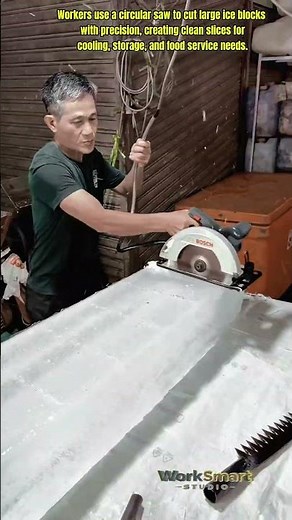 Workers Ice Block Cutting : How Circular Saws Slice Giant Ice Blocks