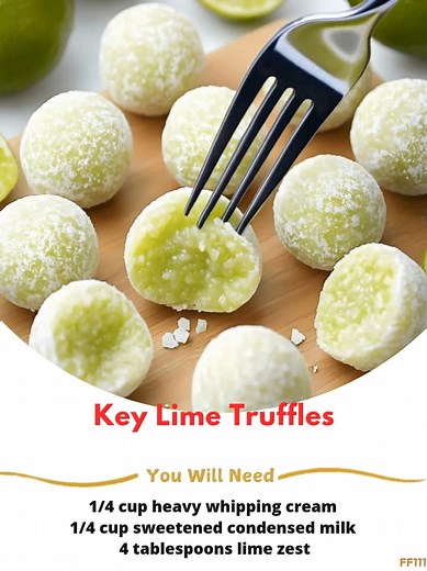 Key 🍂 Lime Truffles ingredients: * 1/4 cup heavy whipping cream * 1/4 cup sweetened condensed milk * 4 tablespoons lime zest * 2 cups white chocolate chips * 2 tablespoons lime juice * 1 tablespoon unsalted butter, softened * 2 cups crushed graham crackers ..... Full Recipe in Coʍmеոτ 💬 🚆 | Cookery Secrets