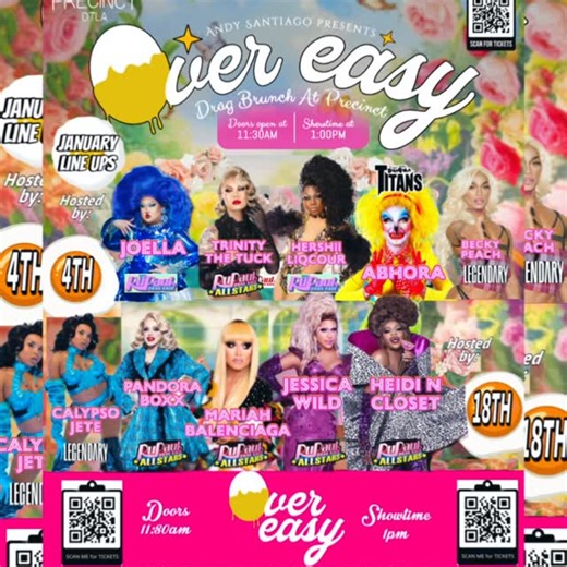 Andy Santiago on Instagram: "JANUARYS Line ups for OVER EASY DRAG BRUNCH @precinctdtla 🎟️🎟️🎟️TICKETS link in BIO in Linktree🎟️🎟️ OVER EASY DRAG BRUNCH SUNDAY 1/4 Hosted by: JOELLA from Ru Paul’s Drag Race Performances by: TRINITY THE TUCK from Ru Paul’s All Stars HERSHII LIQCOUR JETE from Ru Paul’s Drag Race ABHORA from Dragula/Titans 1 & 2 BECKY PEACH from HBO’s Legendary -Doors 11:30am! Showtime 1pm! OVER EASY DRAG BRUNCH SUNDAY 1/18 Hosted by: HEIDI N CLOSET from Ru Paul’s All Stars Perf
