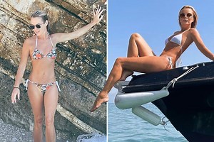 Amanda Holden shows off abs in bikini on holiday as she splashes in the sea